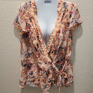 Elle women's pink floral wrap blouse v neck size XL